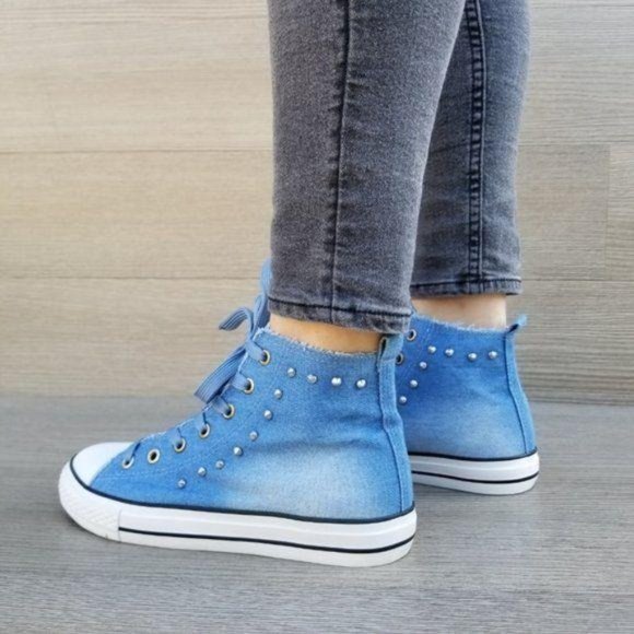Jean High Top Fashion Sneakers W/ Metal Studs - Picture 4 of 8